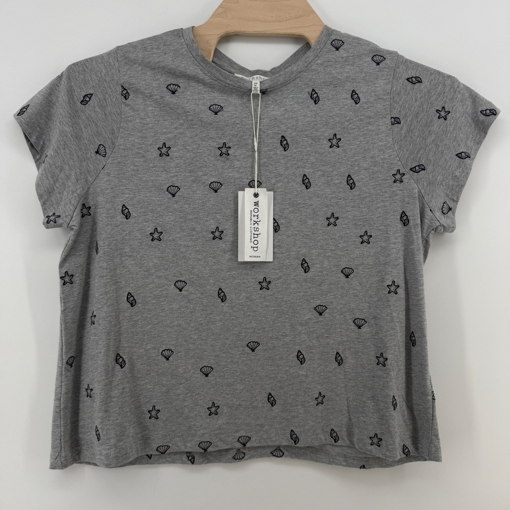 Workshop Republic Clothing Gray Shell Starfish Print T-Shirt Women 1X NWT